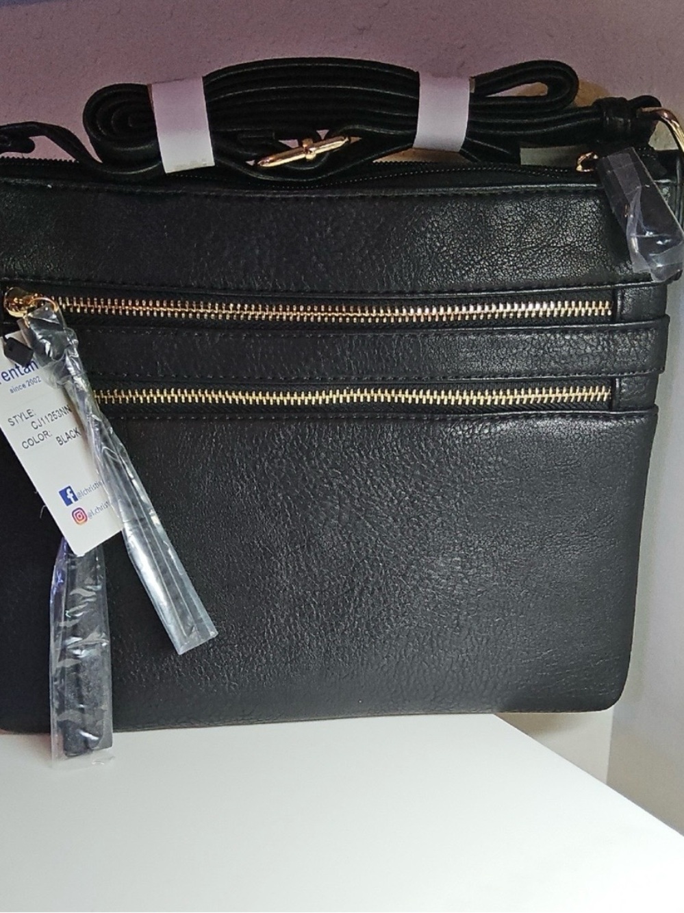 Black Faux Leather Crossbody Bag with Gold Zippers